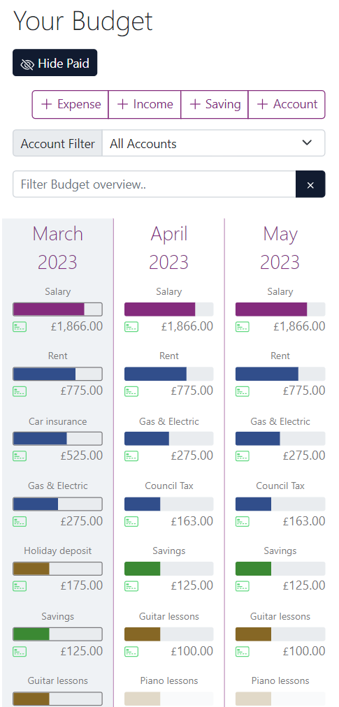 A screen shot of our in development Budget app